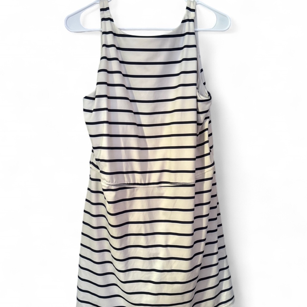 All in Motion White athletic mini dress with Navy Stripes